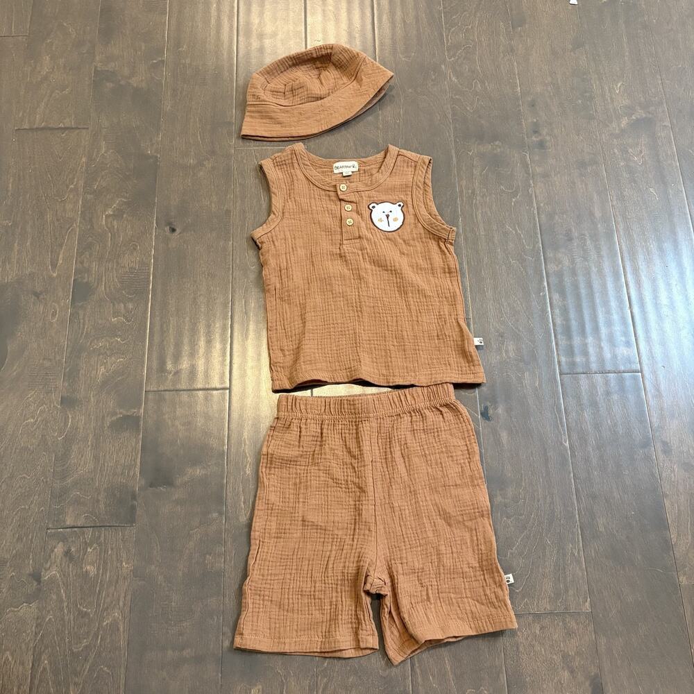 Bearpaw Kids 3 Piece Outfit Set 4T Muslin Tank Shorts Hat Bear Patch Toddler‎